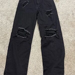 SHEIN Black Straight Distressed Jeans